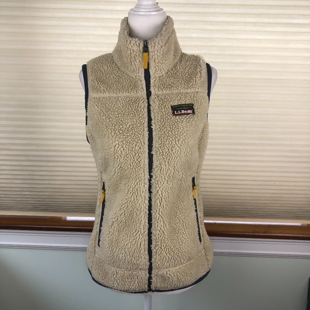 L.L. Bean Cream Sherpa Fleece Vest with Black Trim